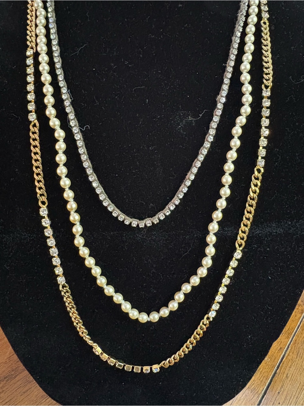 Vintage Chan Luu Gold, Rhinestone, and Pearl on Leather Layered Necklace